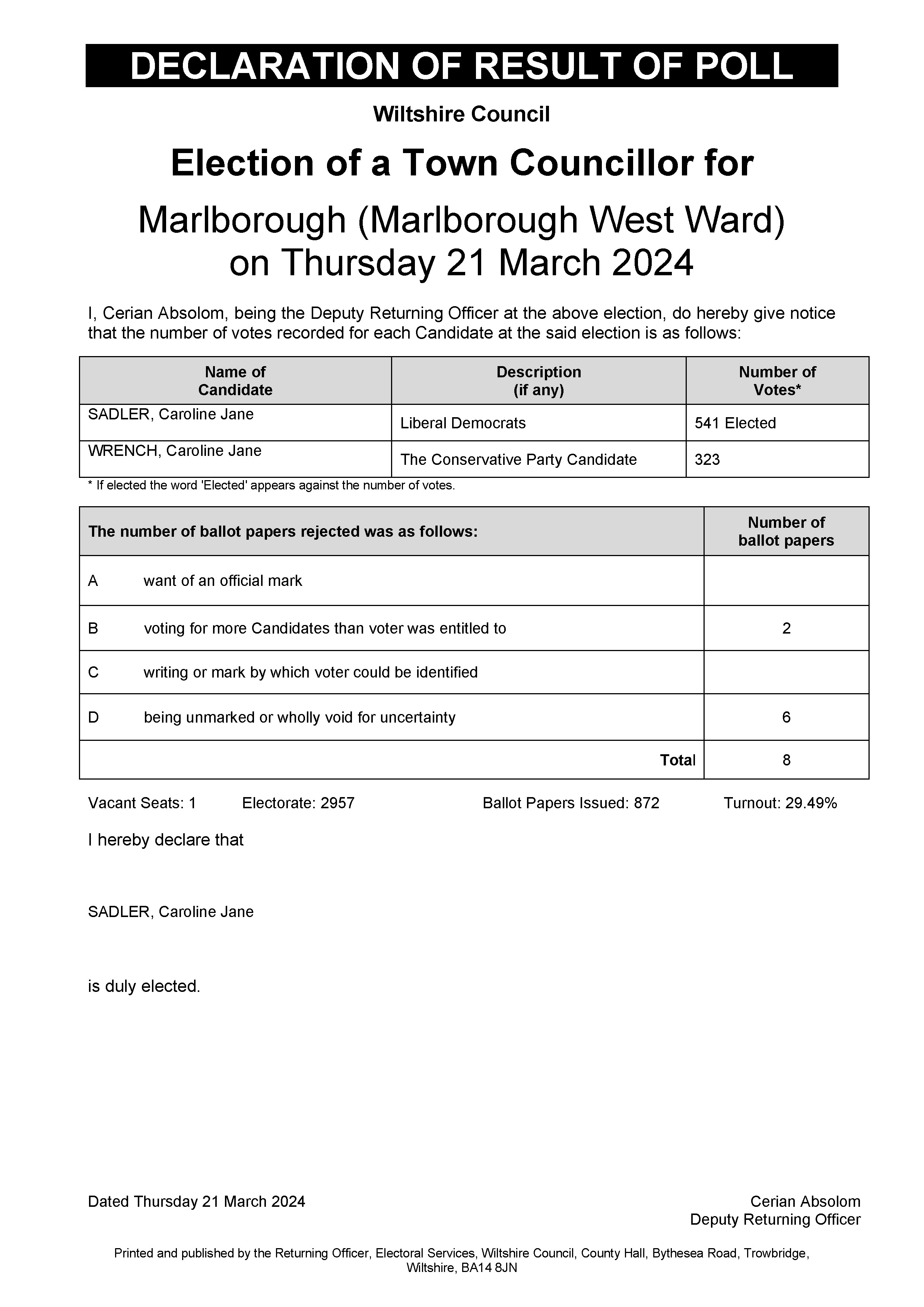 Declaration of Result Marlborough Town Council Marlborough West Ward