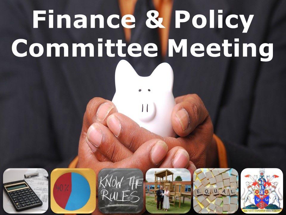 a photo of hands clasping a piggy bank.  caption reads FINANCE AND POLICY COMMITTEE MEETING