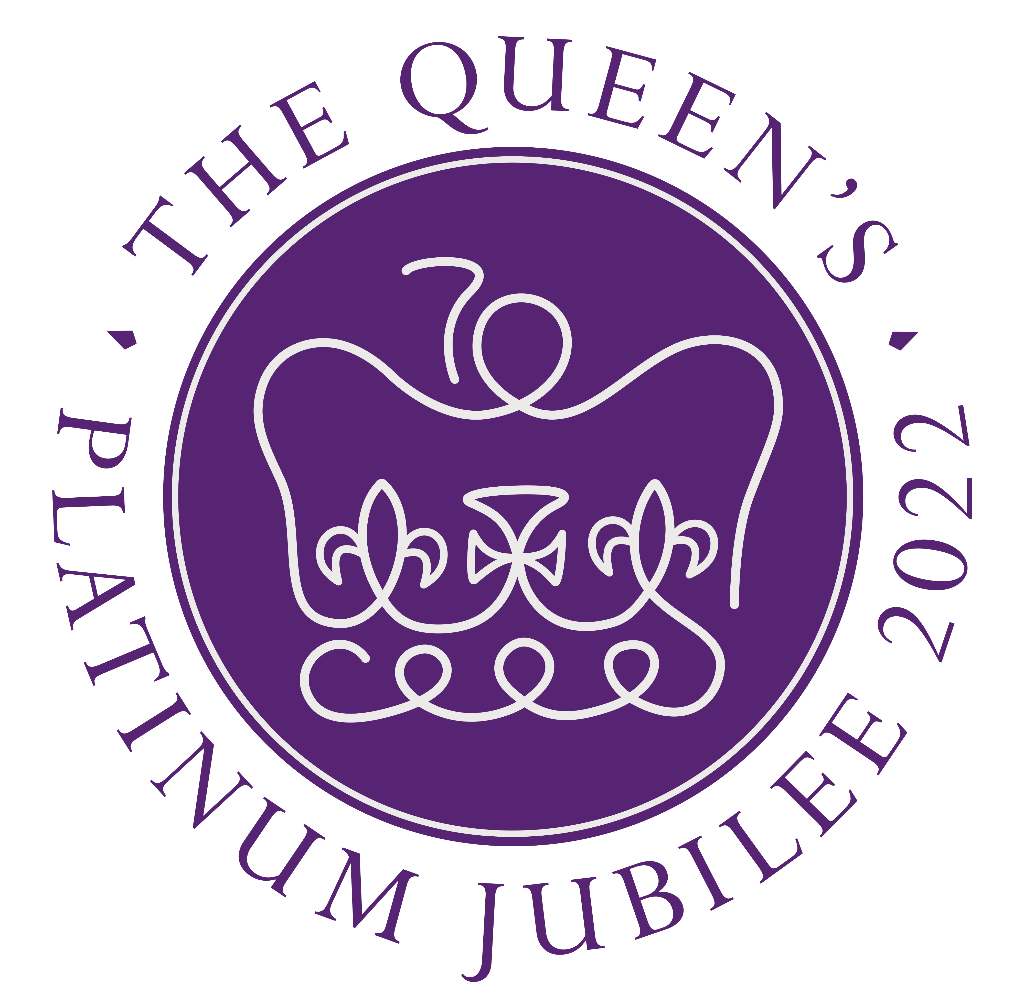 A purple circle bears the outline of a crown. Words around the edge read The Queen's Platinum Jubilee 2022