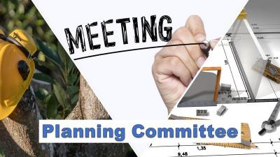 A collage image of a hard hat on a tree stump and architects tools on a drawing.  Text reads: Planning Committee Meeting