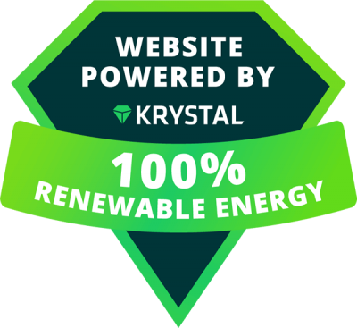 a logo - a badge reading website powered by Krysal 100% renewable energy. Click to visit the Krystal website to read more