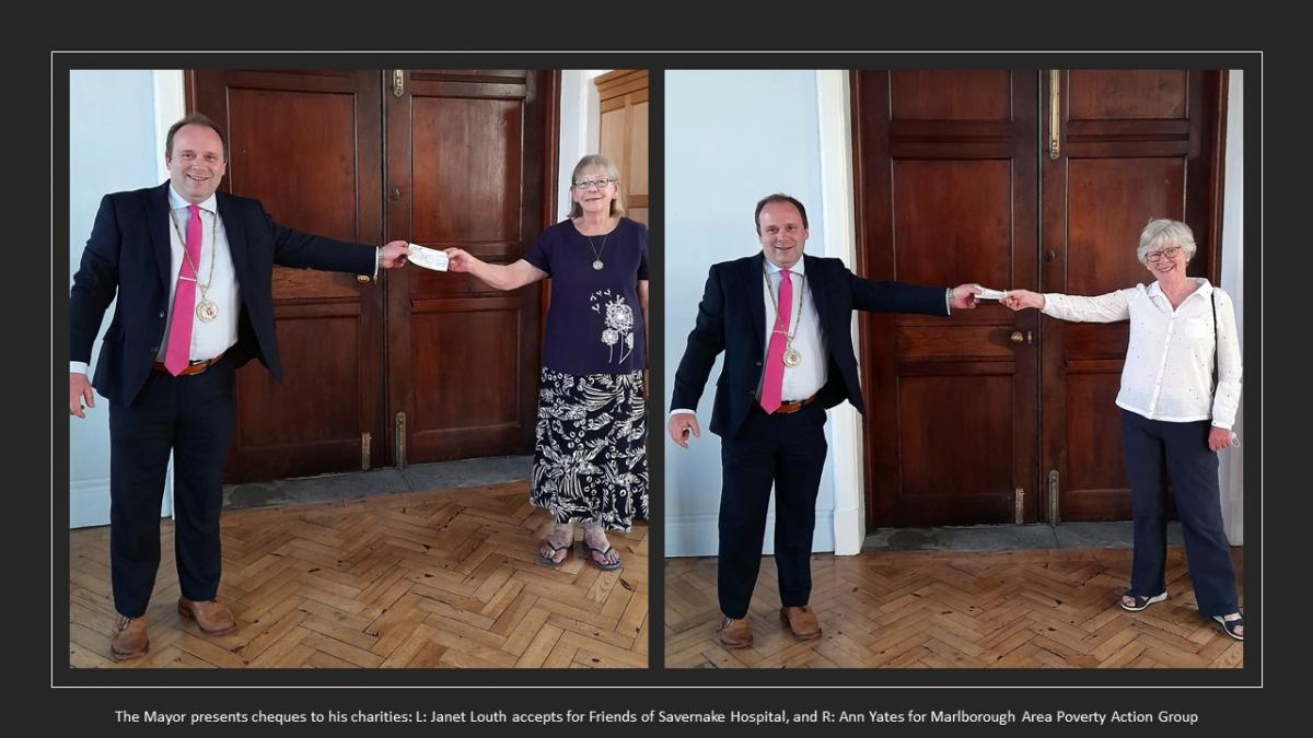 a collage of two photos - the same man is in each, presenting a cheque at arms length to two  ladies