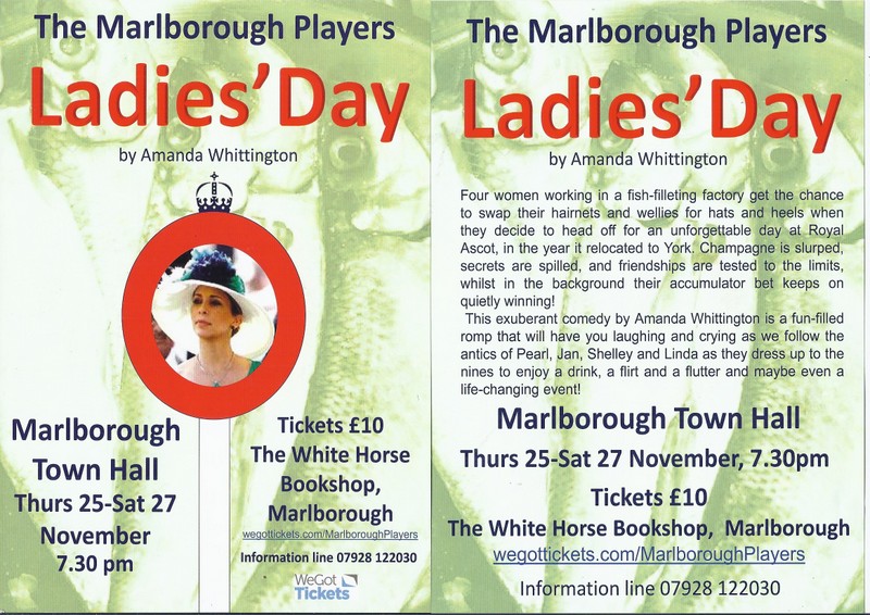 A scan of an information leaflet for Ladies' day, a comedy production at Marlborough Town Hall.  click or tap to open the Marlborough Players website