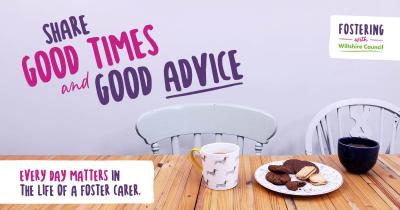 A photo of a table set with tea and biscuits.  Text reads Share Good Times and Good Advice, every day matters in the life of a foster carer