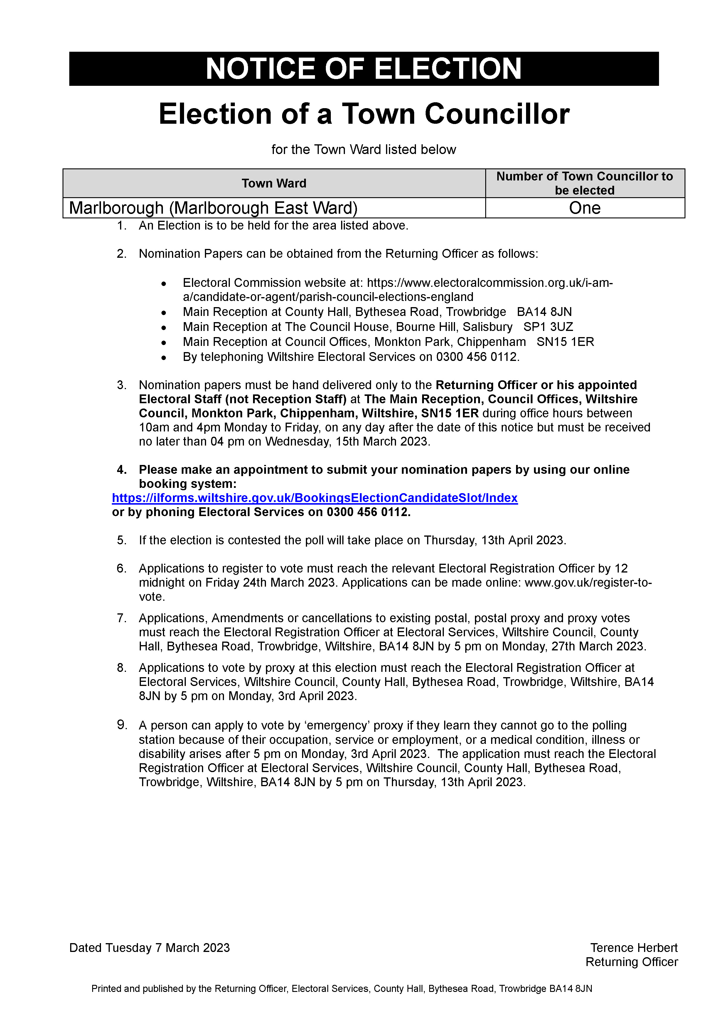 Notice-Of-Election--Marlborough-Town-Council-Marlborough-East-Ward--13th-April
